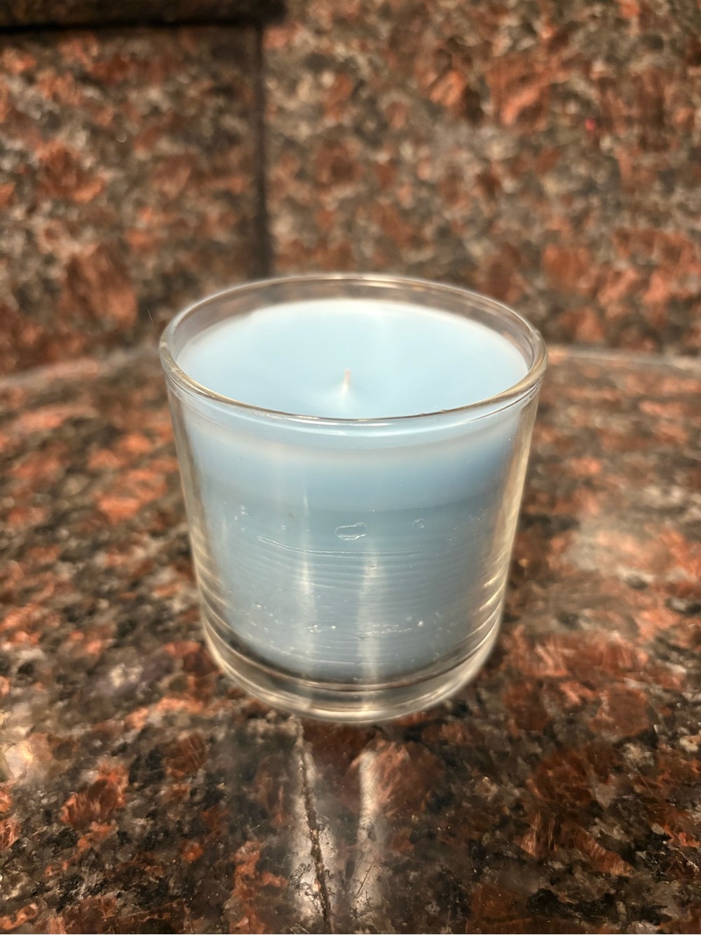 Handmade by me upcycled Blue candle in glass holder, scent is fresh linen